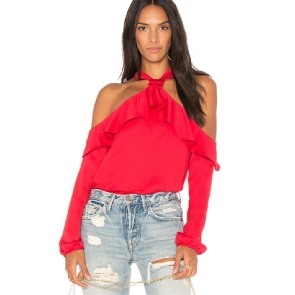 Saylor West Cold Shoulder Ruffle Blouse in Red